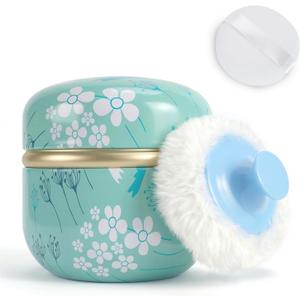 SHIMIDO Body Powder Puff and Container, 3.15" Portable Empty Powder Case Box with Lids for Baby, Women's, Travel and Home Use (White Flowers)