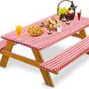 bealy Picnic Table Covers with Bench Cover Vinyl Tablecloth 96"x30", 8 Foot Tables Fitted Table Cover 3 Set Flannel Backing Elastic Edge Waterproof Wipeable Plastic Covers,Indoor Outdoor Patio (Red Grid)
