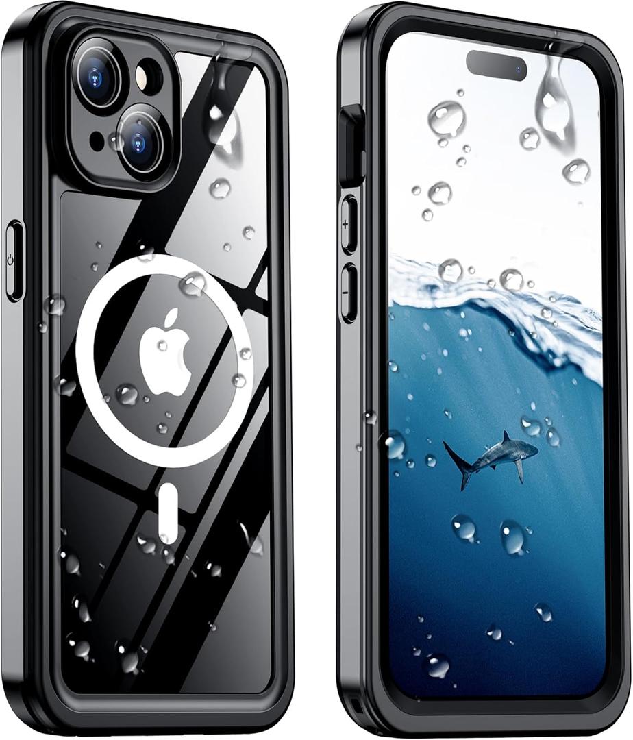 Temdan Magnetic for iPhone 15 Plus Case Waterproof,Built-in Screen Protector [IP68 Underwater][15FT Military Dropproof][Dustproof][Compatible with MagSafe] 360 Full-Body Shockproof iPhone Case-Black