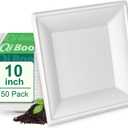 Qi Boo Square Paper Plates 10 Inch [50-Pack] Compostable Eco Friendly Disposable Plates Heavy Duty, Biodegradable Recycled Bagasse Plates, Large Paper Dinner Plates, Sturdy White 10" Plate
