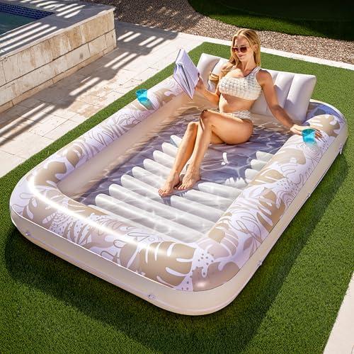 SLOOSH Inflatable Tanning Pool Lounger Float, 85" x 57" Extra Large Pool Floats Adult with Pillow, 4 in 1 Suntan Tub Raft Floatie,Sunbathing Bed Lounge for Water Blow Up Ball Pit, XL-Golden White