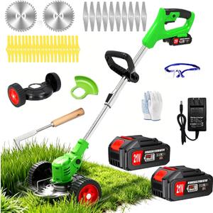 Electric Weed Wacker Cordless Eater,21V No String Trimmer Battery Powered,Lightweight Grass Trimmer/Brush Cutter/Edger/Mini Mower with Wheels & Metal Blade,Stringless Weed Trimmer for Lawn Yard Garden