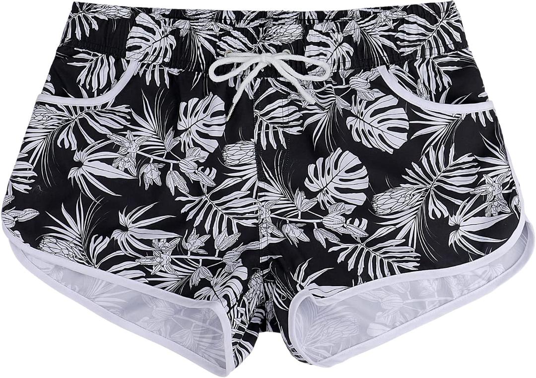 ESTAMICO Women Board Shorts with Liner Quick Dry UPF 50+ Drawstring Floral Print Swim Trunk with Pockets, L