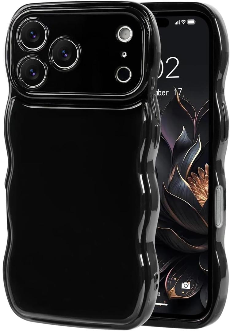 iPhone 17 Pro Max Case Cute Simple Wave Design Stylish Wavy Curly Frame with Wrist Adjustable Hand Strap Kickstand Grip Holder Soft Silicone Protective Cover - Black