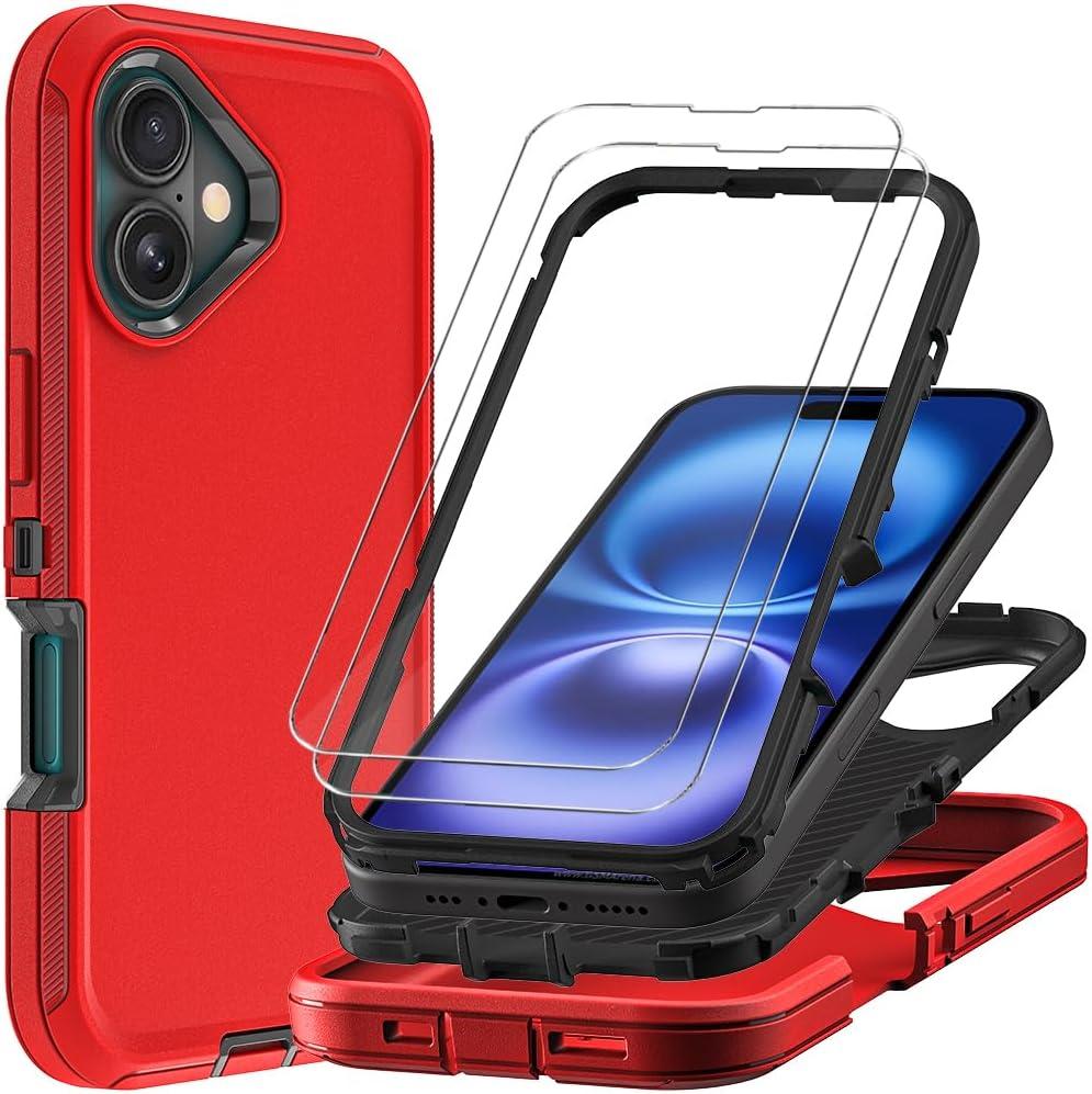 for iPhone 16 Case Tempered Glass Screen Protector, Military Grade 3 in 1 Heavy Duty Shockproof/Drop Proof/Dust Proof Case RED