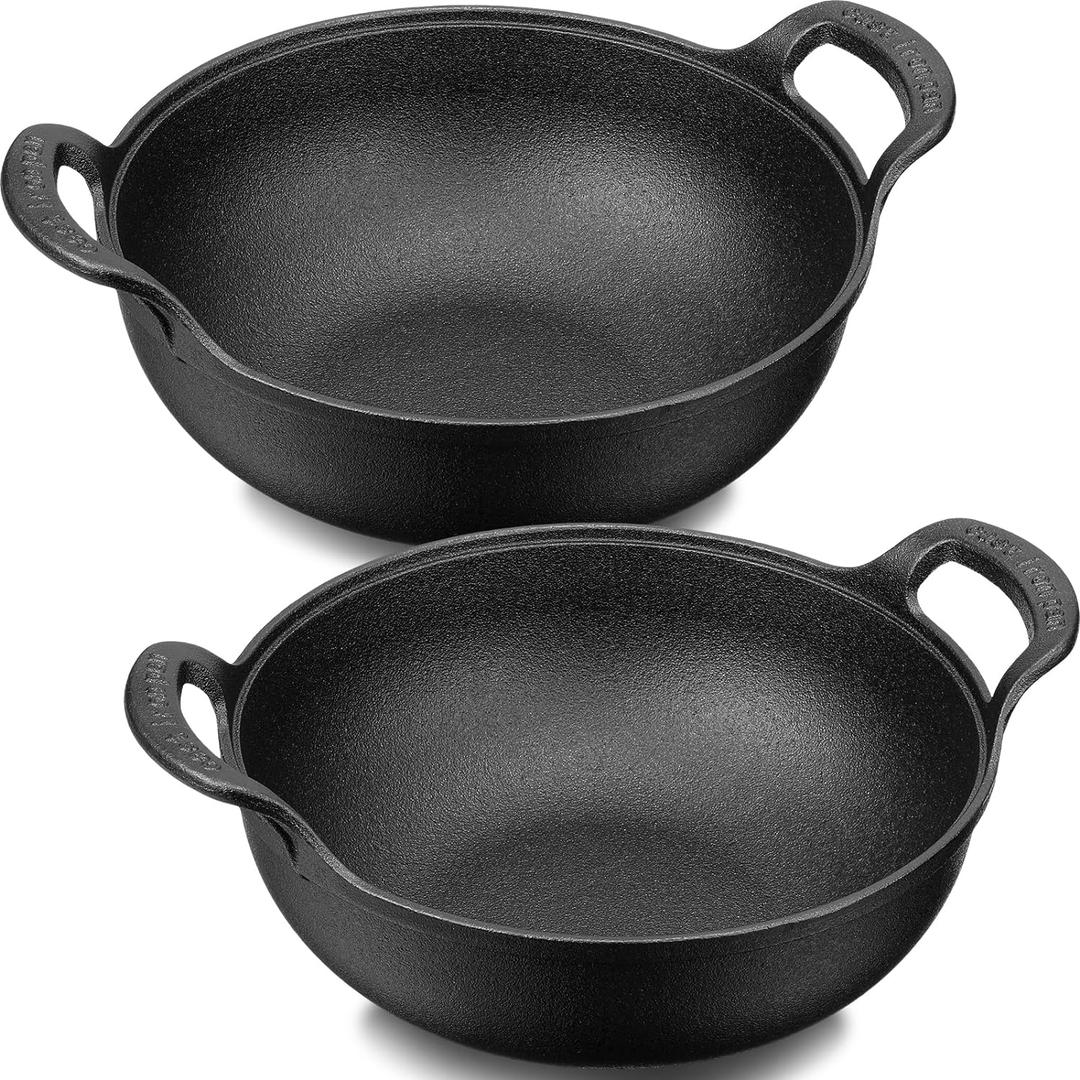 Layhit 2 Sets Cast Iron Wok with Loop Handle 10 Inch Mini Wok Nonstick Coated Flat Bottom Stir Fry Pans Pre Seasoned No Chemical Grilling Suitable for Induction Electric Gas All Stoves, Black