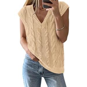 BTFBM Sweater Vest Women Oversized V Neck Cable Knit Casual Pullover Sweaters Fall Outfits 2025 Sleeveless Tops (Beige, S)