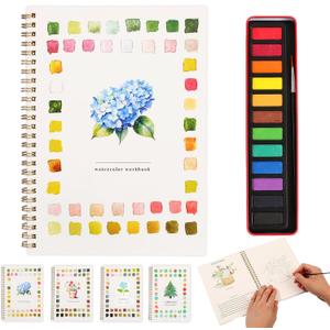 Watercolor Workbook  Water Coloring Book, Beginner Watercolor Painting Kit Paint Set Workbook with 12 Watercolor Paints & Brush (Flower B)