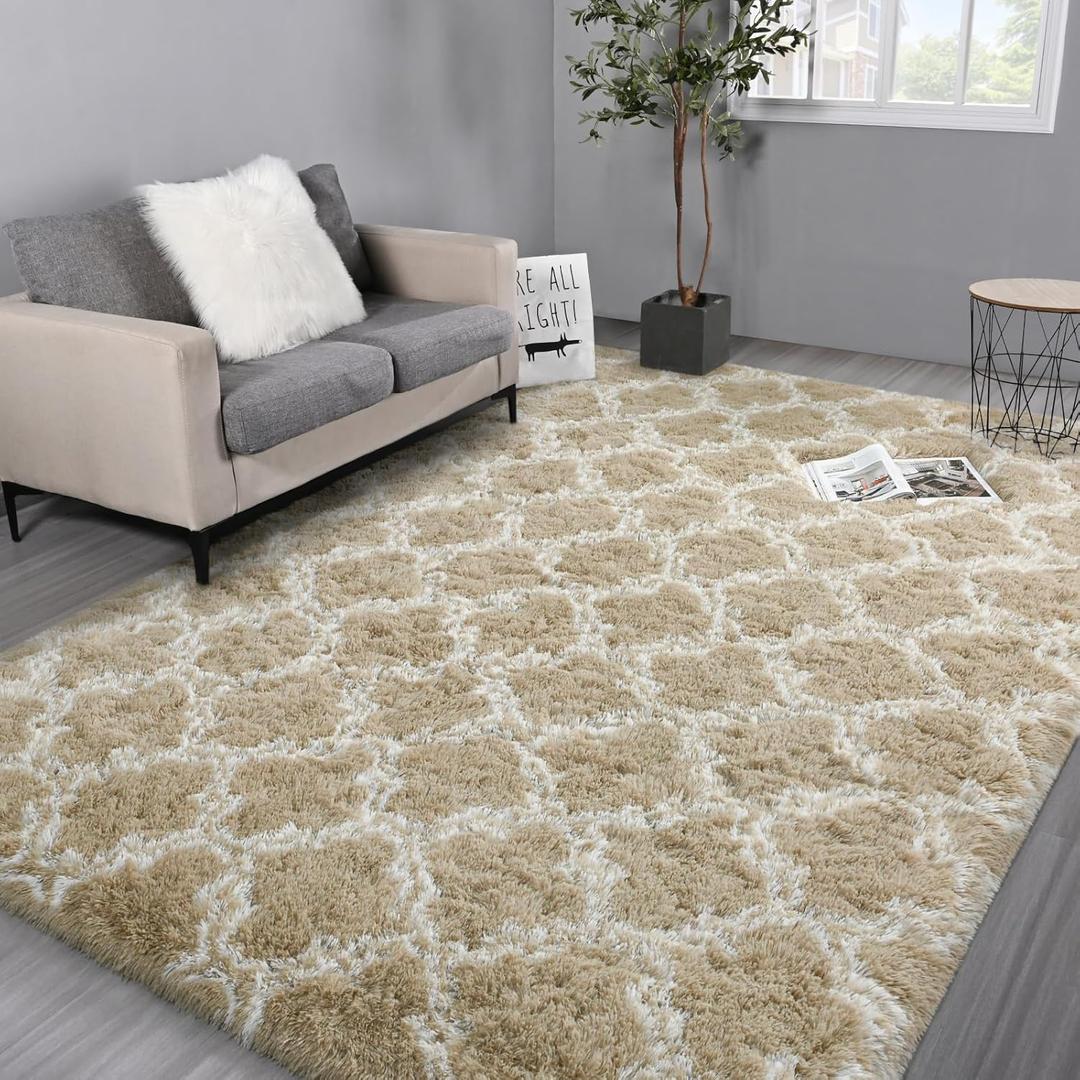 Hutha 8x10 Shag Large Area Rugs for Living Room, Beige and White Modern Super Soft Bedroom Carpet, Moroccan Luxury Geometric Plush Fluffy Rug for Kids Nursery Girls Room Indoor Home Decor (9' x 12' (Rectangular))