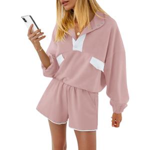 Fisoew Womens 2 Piece Sets Sweatsuits Casual Half Button Color Block Sweatshirts Running Shorts Tracksuits Fall Outfits, XXL, Pink