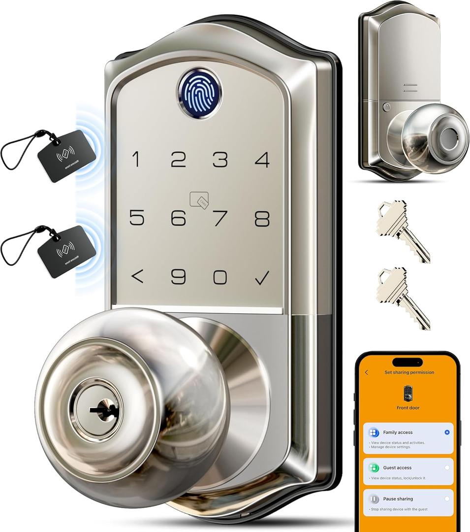 Veise VE018 Smart Knob Handle Lock - Fingerprint, App Control, Keyless Entry for Front Door and Bedroom, Electronic Digital Keypad, Auto Lock, Remote Access Sharing, IP55 Weatherproof, Satin Nickel