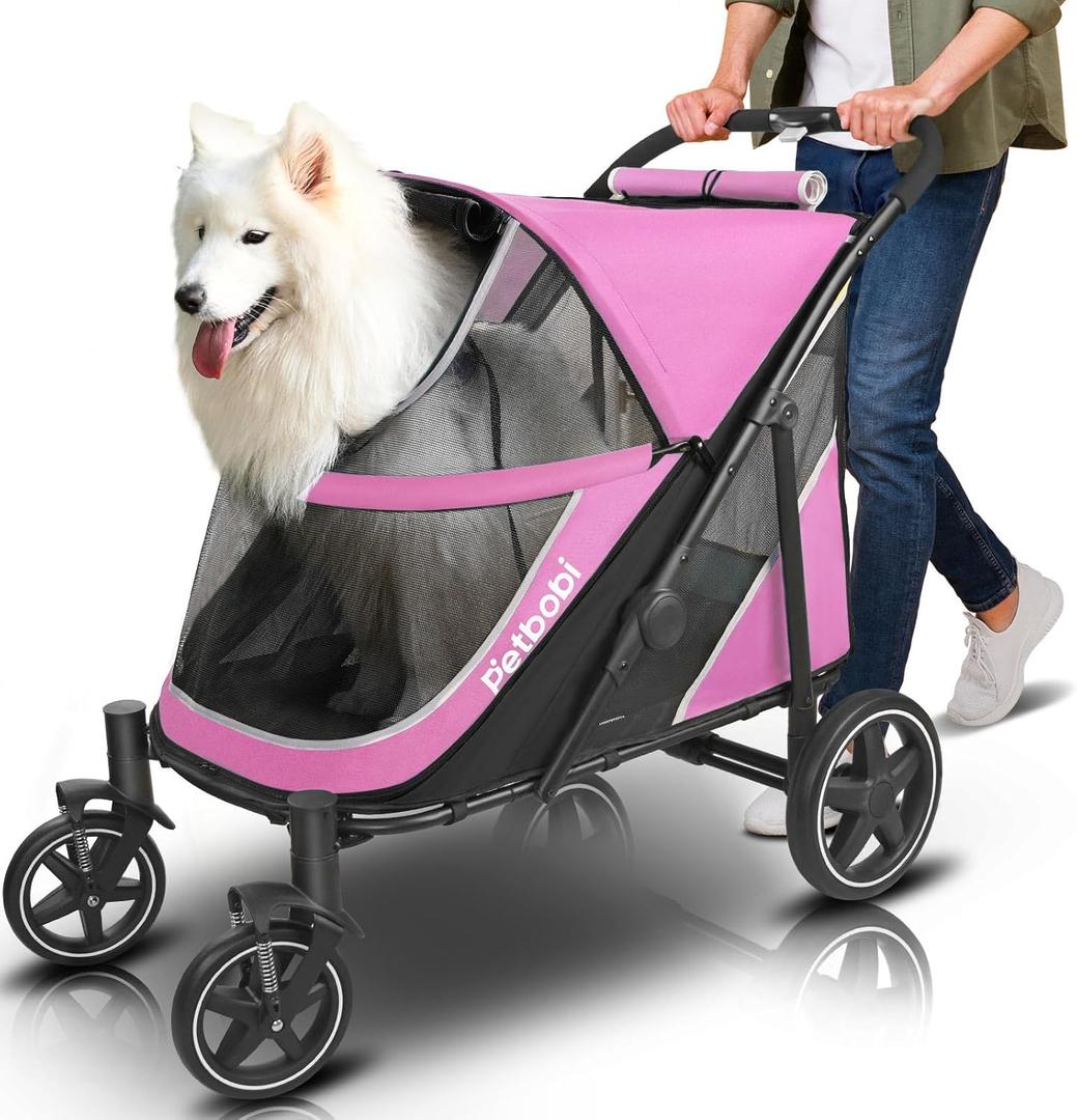 Petbobi Dog Stroller for Large & Medium Dogs - Easy Fold Dual Entry Pet Stroller with One-Foot Brake, All Terrain Wagon Cart with Air Mesh, Ideal for Large Senior Pets up to 80 lbs, Pink
