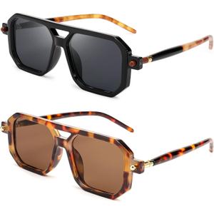 FEISEDY Vintage Square 70s Flat Aviator Sunglasses Women Men Classic Retro Stylish Frame UV400 Sunglasses B2622 (2 Pack Black/Grey + Leopard/Tea)
