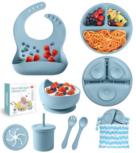 Silicone Baby Feeding Set, 10 Pcs Baby Led Weaning Supplies Baby Eating Essentials Set with Suction Bowl Divided Plate Adjustable Bib Soft Spoon Fork Cup with Lid Drinking Cup, Travel Bag (Blue)