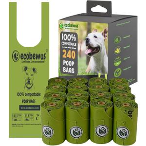 100% Compostable Handle-Tie Doggy Poop Bags (240 Bags) 16 Refill Rolls Biodegradable Plant Based ASTM D6400 & EN 13432 Compliant HOME Certiified Compostabel Pet Dog Waste Bags (240 ct.)