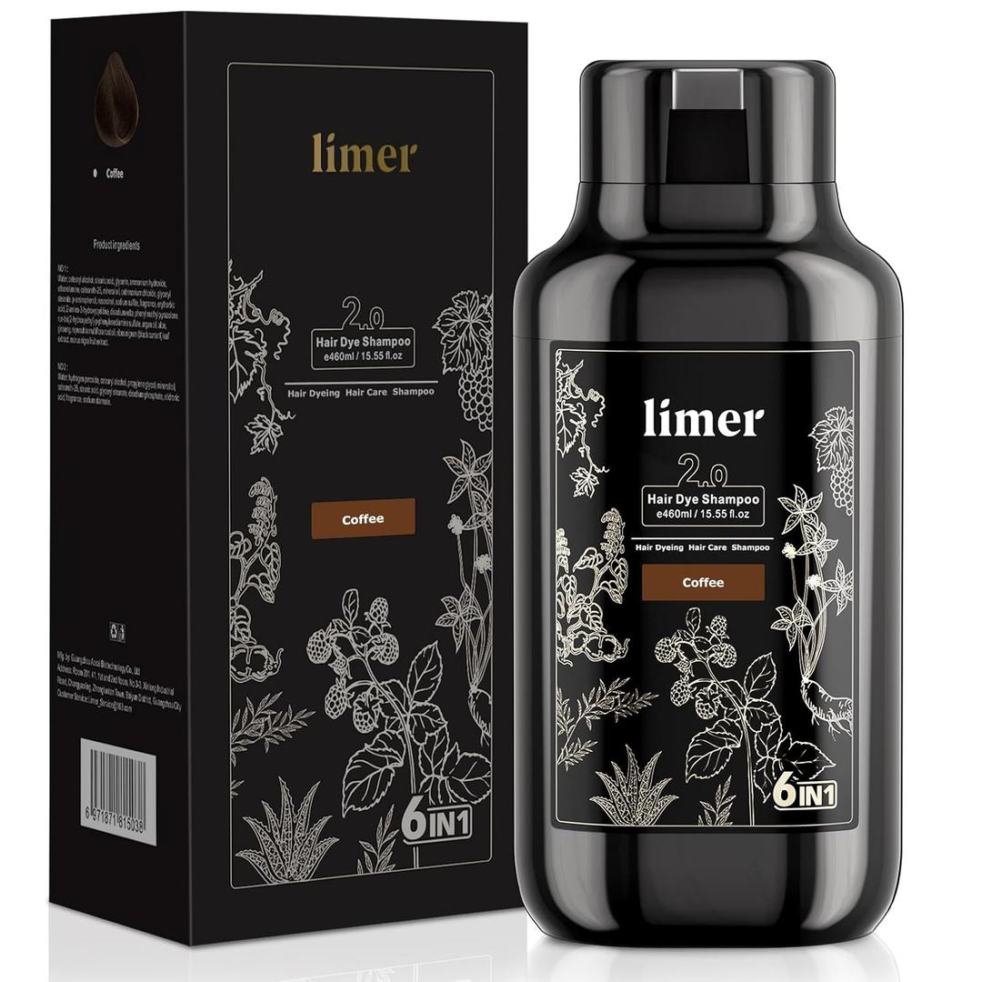 Limer Hair Dye Shampoo, Coffee Color 6-in-1 Natural Herbal Hair Color Shampoo, Semi-Permanent Gray Coverage with Pleasant Scent, Ammonia-Free Formula for Women & Men (460ml/15.55fl oz)