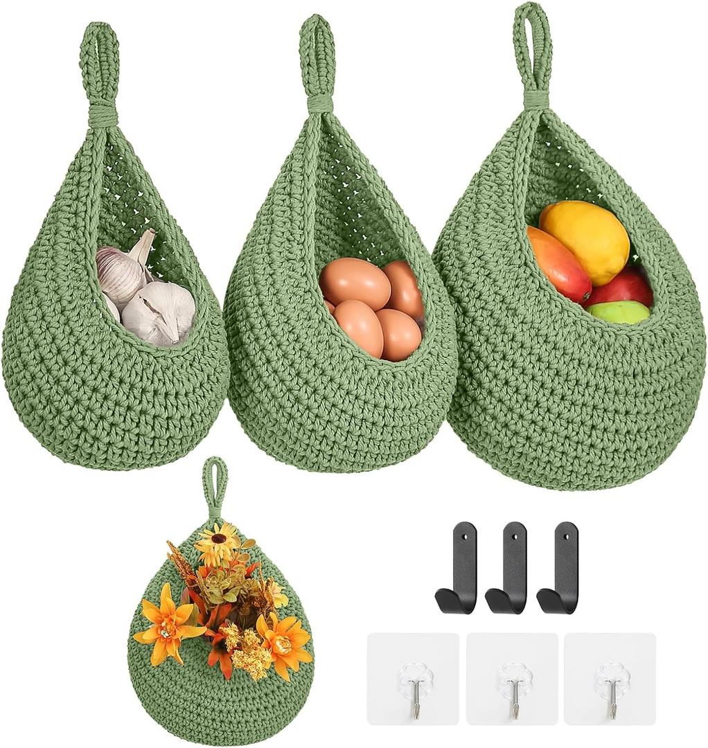 Boho Wall Hanging Fruit Baskets for Kitchen 3 Pack Woven Produce Holder with 6 Pcs Strong Hooks Vegetable Hanging Basket for Organizing Teardrop Home Wall Potato Onion Storage, Green