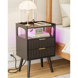 Nightstand with Charging Station, Small Bedside Table with Gold Frame, Morden Night Stand, End Table, Bedside Furniture, Side Table with Drawer and Shelf for Bedroom, Living Room (Black)