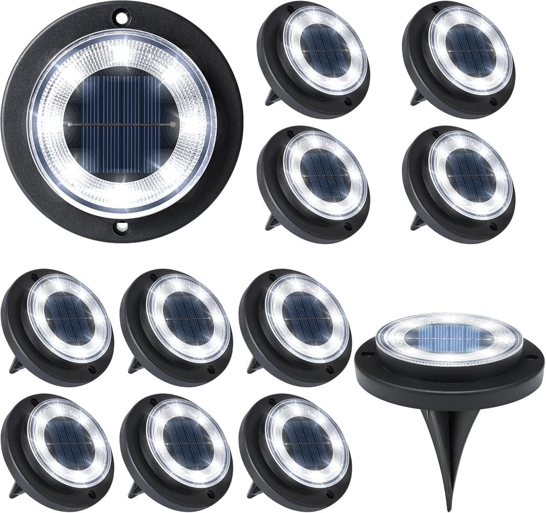 Flacchi Solar Lights Outdoor Waterproof - 2-in-1 Solar Powered Ground Lights Outdoor Solar Disk Light Landscape Light for Deck Step Patio Yard Pathway Walkway Driveway Garden (Cool White, 12 Pack)
