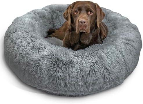Best Friends by Sheri Original Calming Donut Dog and Cat Bed, Shag Faux Fur, Gray, (30in x 30in) - Anxiety Relief for Pets Up to 100 lbs