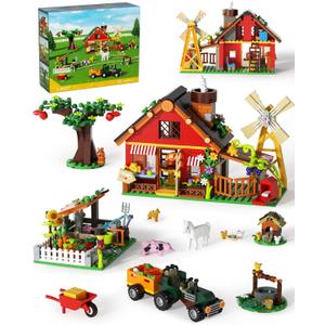 Muiurple Farm House Building Set, Farm Set with Tractor Toys and Windmill, Farm Building Kits with Horse Cow and Chicks, Educational Toys for Kids Ages 6+ Easter Present Home Decoration
