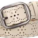 JASGOOD Women's Hollow Flower Genuine Leather Belt for Jeans Pants Wide Belt for Ladies (Beige, S)