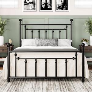 Full Size Metal Platform Bed Frame, Vintage Headboard, Black | 50'' Tall Victorian Headboard/Footboard/Mattress Foundation/Under Bed Storage/No Box Spring Needed/Easy Assembly/Noise Free