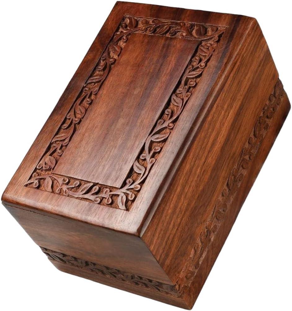 SOULURNS - Small Rosewood Urn for Ashes, Engraved Border - 30 Cubic Inch Wooden Cremation Urn, Funeral -Memorial Cremation Urn for Human Ashes Decorative Box Funeral Urns for Adult Male Female