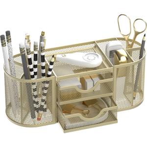 SUPEASY Mesh Desk Organizer, Desk Organizers and Accessories, Pen Holder with Drawers, Pencil Holder for Desk with 2 Drawer for Office Supplies, Golden yellow