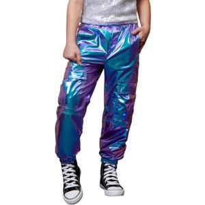 Perfashion Metallic Cargo Pants for Girls & Womens Hip Hop Dance Multi-Pocket Joggers High Waist Pants XL