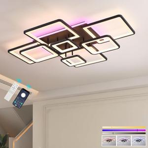 Stunning Layered Square Geometric Modern LED Ceiling Light - 100W Super Bright Black Flush Mount Chandelier, Dimmable RGB, Remote Control Included for Living Room Bedroom Dining Room, 39 in