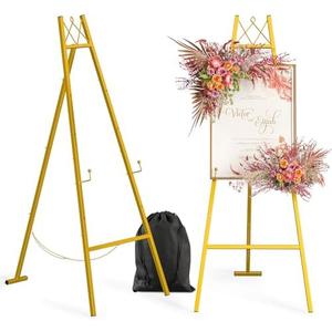 57" Gold Easel Stand for Sign, Heavy Duty Metal Easel Display Stand with Adjustable Chain and Storage Bag, 4-Tier Height Adjustable Art Easel for Wedding Signs, Birthday Party