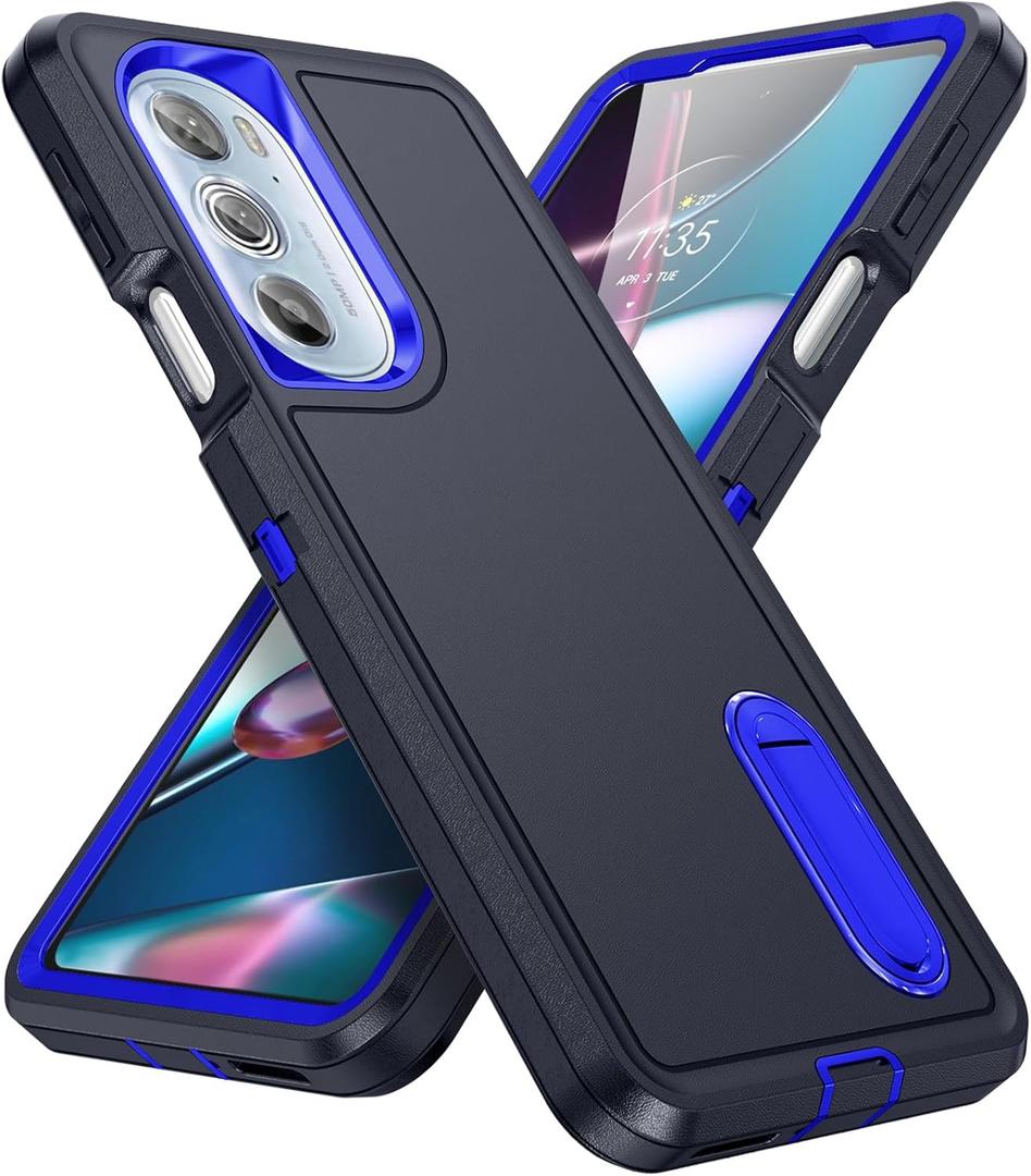 for Moto Edge Plus 2022 Case Moto Edge 30 Pro Case with Kickstand 3-Layer Military Grade Protective Cover Silicone Shockproof for Motorola Moto Edge Plus+ 2022 Phone Case (Navy+Blue)