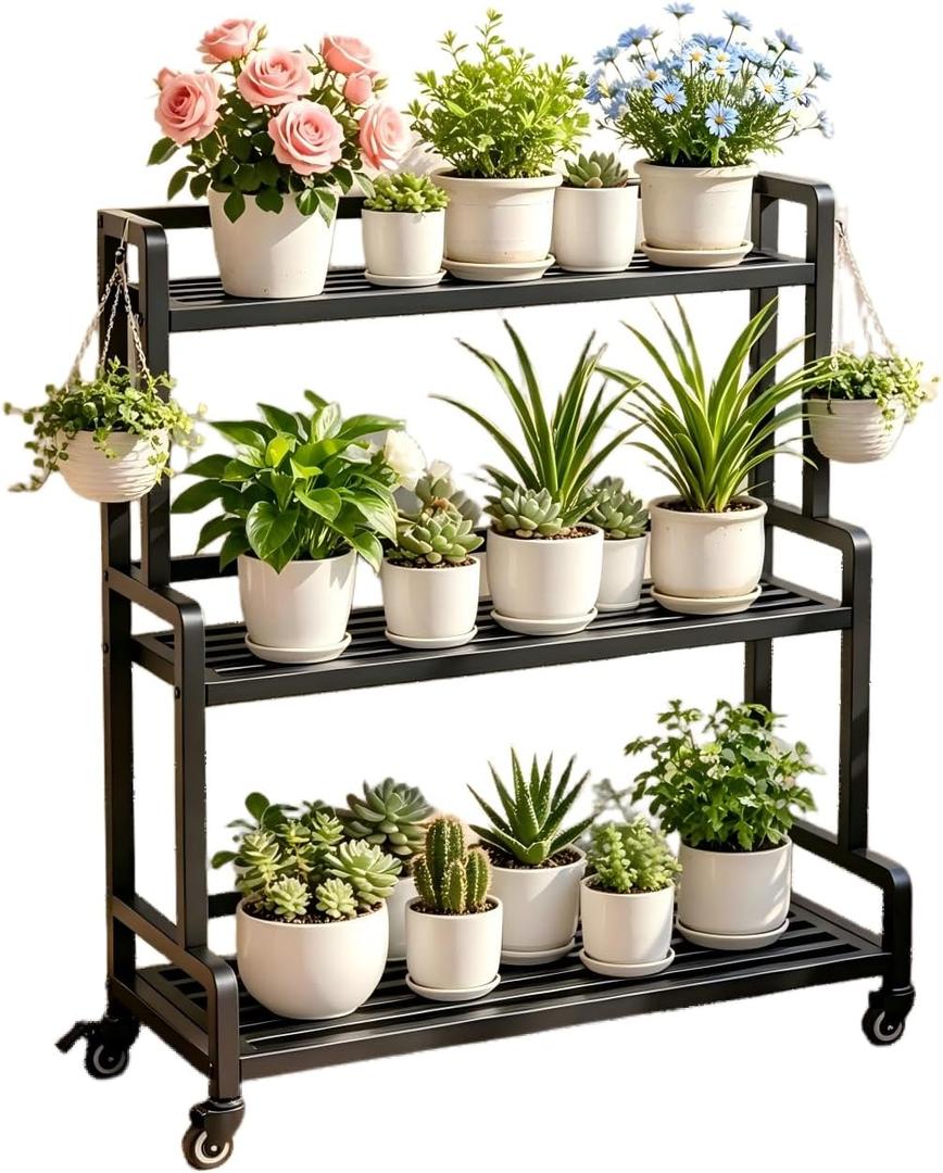 3 Tier Rolling Plant Stand with Wheels, Heavy Duty Metal Plant Shelf