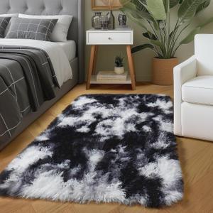 Amdrebio Black White Grey 2x3 Small Area Rugs for Bedroom Living Room Decor, Mini Fluffy Shag Modern Cool Rug for Kids Room Dorm Home Office, Shaggy Throw Furry Plush Floor Carpet for Teen Boys Men