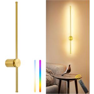 GOODATE 23.6 Inch Battery Operated Wall Sconce, 12000mAh Rechargeable Wall Sconce with Remote Control, Dimmable LED Wireless Wall Light for Bedroom, Living Room, 15 Colors, 180 Rotate, Gold, 1 Pack
