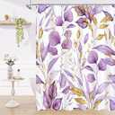 Litabel Purple Gold Plant Shower Curtain, Botanical Leaves on White Background Natural Curtain Set for Aesthetic Bathroom Waterproof Odorless Fabric 72x72 inches, Hooks Included