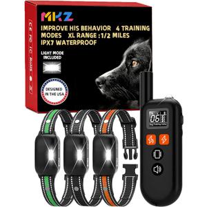 MKZ Shock Collar for Dogs 3 Dog Shock Collar with Remote Control, E-Collar for Large Medium Small Dogs (25-120Lbs) Dog Training Collar with Remote, Rechargeable E-Collar with 4 Modes & Flash Light (Black-Orange-Green)