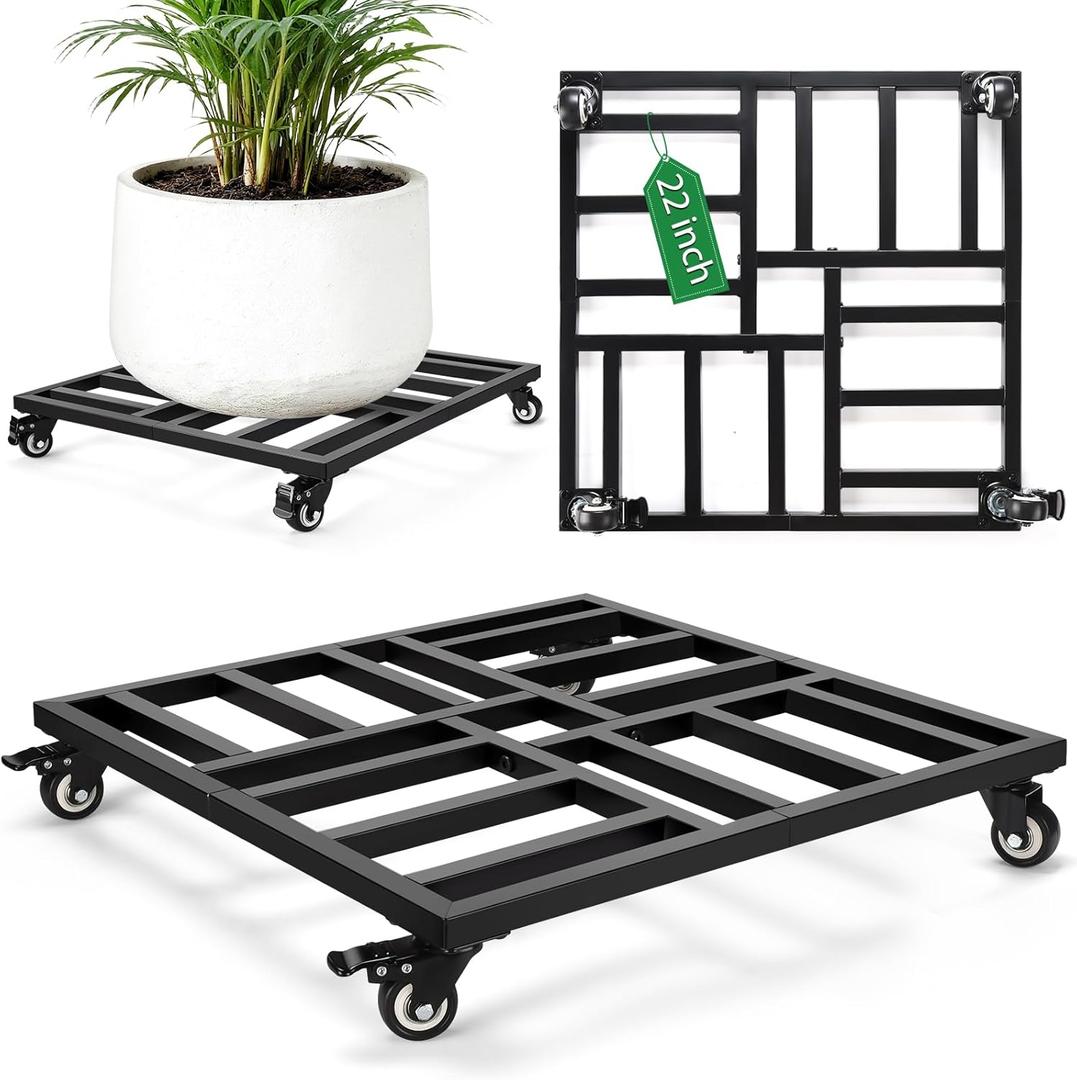 AugFir 22" Plant Caddy with Wheels Heavy Duty, Rolling Metal Plant Stand Indoor Outdoor, Square Plant Dolly with Lockable Caster Wheels for Large Plant Pots, 600LBS Capacity (Black)