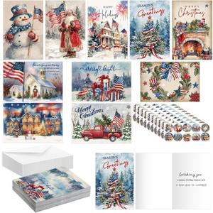 Motiskyy 50 Pcs American Flag Christmas Cards Bulk 10 Styles Patriotic Christmas Greeting Card with Envelopes Stickers Santa Patriotic New Years Cards for Xmas Holiday Supplies