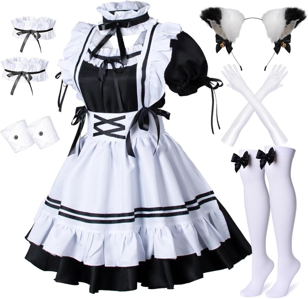 Wannsee Anime French Maid Apron Lolita Fancy Dress Cosplay Costume Furry Cat Ear Gloves Socks set(3XL) (Black-white)