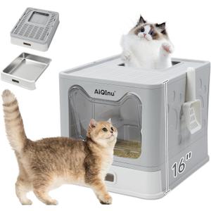 AiQInu Stainless Steel Cat Litter Box with Lid and Scoop - Up to 20 Lbs, Foldable Large Enclosed Metal Litter Box with High Sided Enclosure for Big Cats - Anti-Leakage No Smell, Easy Cleaning