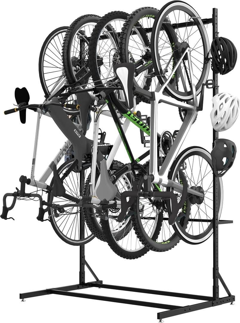 Bknius 52" Wide Floor Bike Rack Garage Free Standing with 5 Hooks, Vertical Bike Stand Bicycle Storage, Bike Hangers for Garage Indoor Use for 5 Bicycles, Thick Metal Black Floor Mount