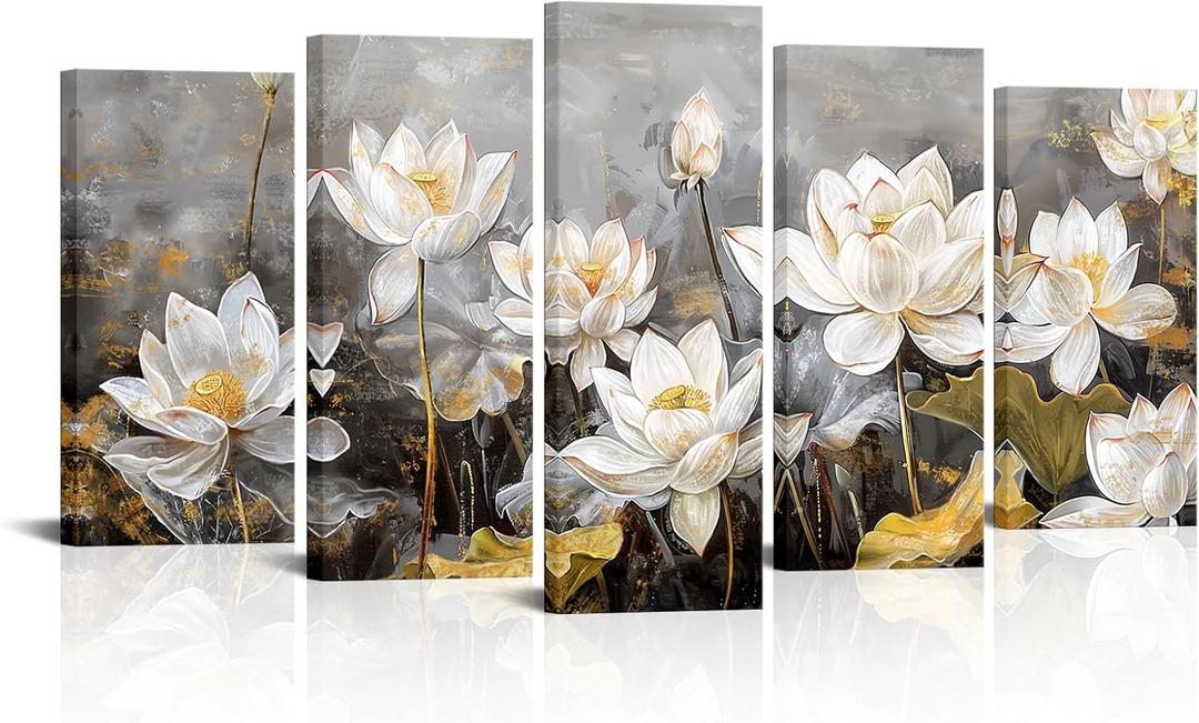 Derkymo Large Lotus Flower Canvas Wall Art Gray and Gold Painting Prints Elegant Floral Picture for Living Room (L:60 H:32)