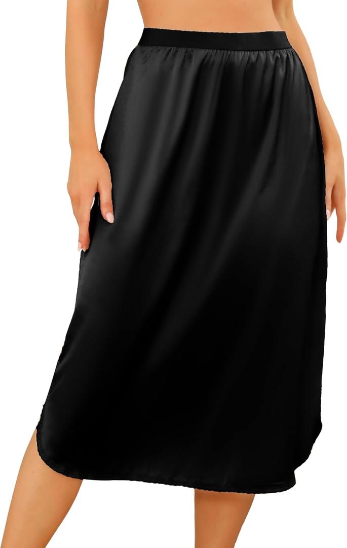 Vlazom Women's Satin Half Slip Under Slip Long Underskirt Half Slips for Under Dresses Slip Side Slit Size S-XXL (Medium, Black)