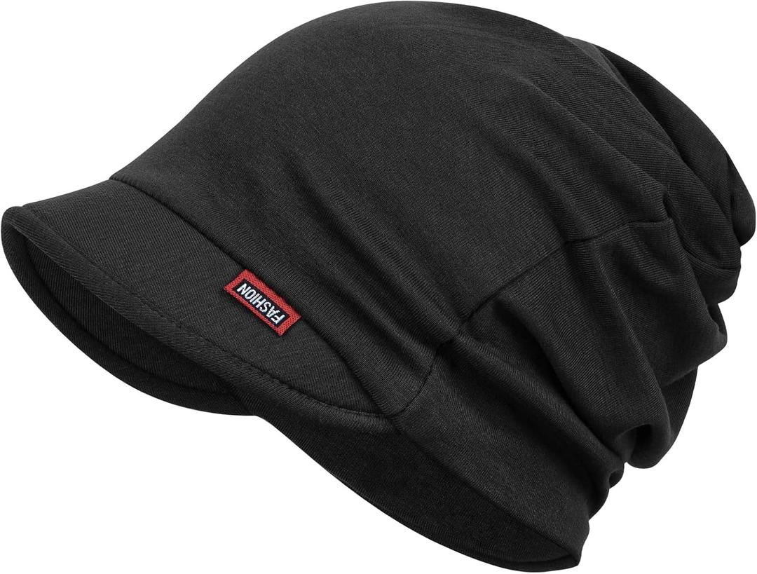 FADACHY Hat for Women - Soft Double-Layer Beanie with Ponytail Hole Spring Fall Winter Hats with Brim/Slouchy Beanie Cap (Black)