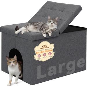 Cat Litter Box Enclosure Furniture for Odor Control, Hidden Cabinet Cat Litter Box Furniture Ottoman with Flip-Up Lid,Cats Litter Box Bench with Storage Space, Dog Proof (Grey, Large)