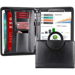 Darolin Zippered Leather Padfolio Portfolio with Hidden Handle and Clipboard, Business Conference Organizer Notepad Folder, Portfolio Bag, Padfolio for Women/Men (Black)