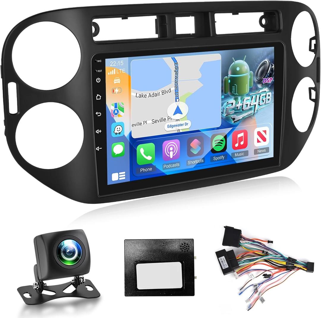 NHOPEEW Android Radio for VW Tiguan 2006-2016 with Backup Camera, [2+64G] 9 inch Touchscreen GPS Navigation Tiguan Radio - Wireless Carplay & Android Auto, DSP, 5G/WiFi, Mirror Link, SWC + Canbus