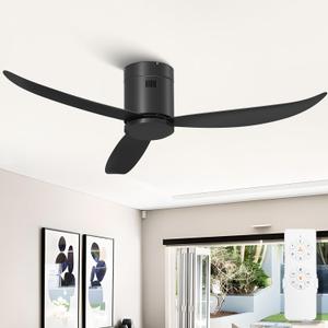 52" Flush Mount Ceiling Fan No Light with Remote Control, Modern Low Profile Ceiling Fan without Light, 3 Blades/6-speed/Timer/Quiet DC Motor, for Bedroom Living Room Kitchen Patio (Matt Black)